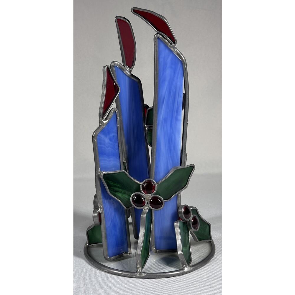 Stained Glass Blue Candles Holly Berries Freestanding Christmas Decoration 10" H